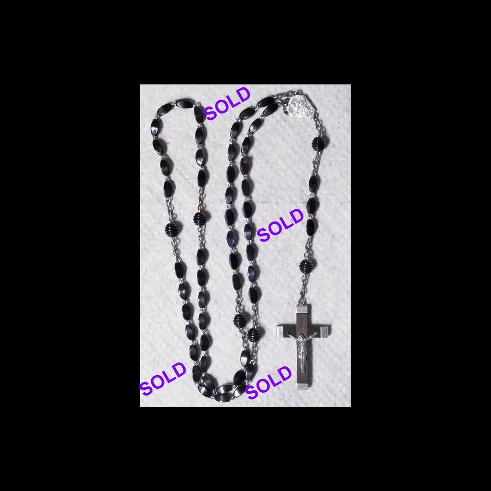 Black Rosary Beads with Wooden Crucifix made in France Vintage Intact and VGC